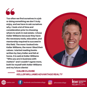 When you choose to join Keller Williams, you are joining forces with the most dynamic Real Estate Company in the World. Here's why Caleb Clouse chose to work with Keller Williams Advantage Realty.
Connect with us and experience why we are a different kin photo