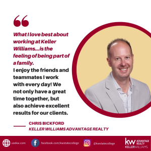 When you choose to join Keller Williams, you are joining forces with the most dynamic Real Estate Company in the World. Here's why Chris Bickford chose to work with Keller Williams Advantage Realty.
Connect with us and experience why we are a different k photo