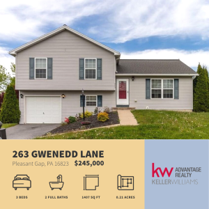 Few neighborhoods offer the striking views that Steeplechase does! Residents are just 5-10 minutes from the area's biggest attractions.
Find additional details here ⬇️
263 GWENEDD LANE
Pleasant Gap, PA 16823 photo